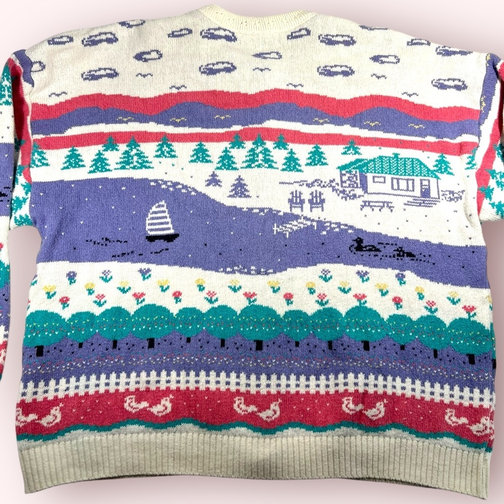 Vintage 90s Northern Reflections Pink Purple Duck Lake Nature Scene Cardigan XL - Picture 4 of 12